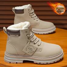 1 Pair Thermal Lined Lace-Up Short Boots, Letter Pattern PU High-Top Outdoor Work Boots, Couple Boots