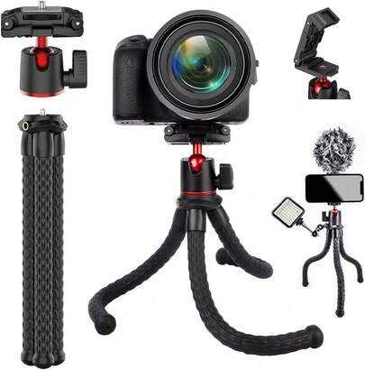 Trípo Cámara, Trípode Flexible con 2 En 1 Soporte Oculto para Teléfono, 360 ° de Cabeza de Bola, Tornillo de 1/4 Pulgada, 2 Zapatas Frías, Compatible con Cámara,,/Android