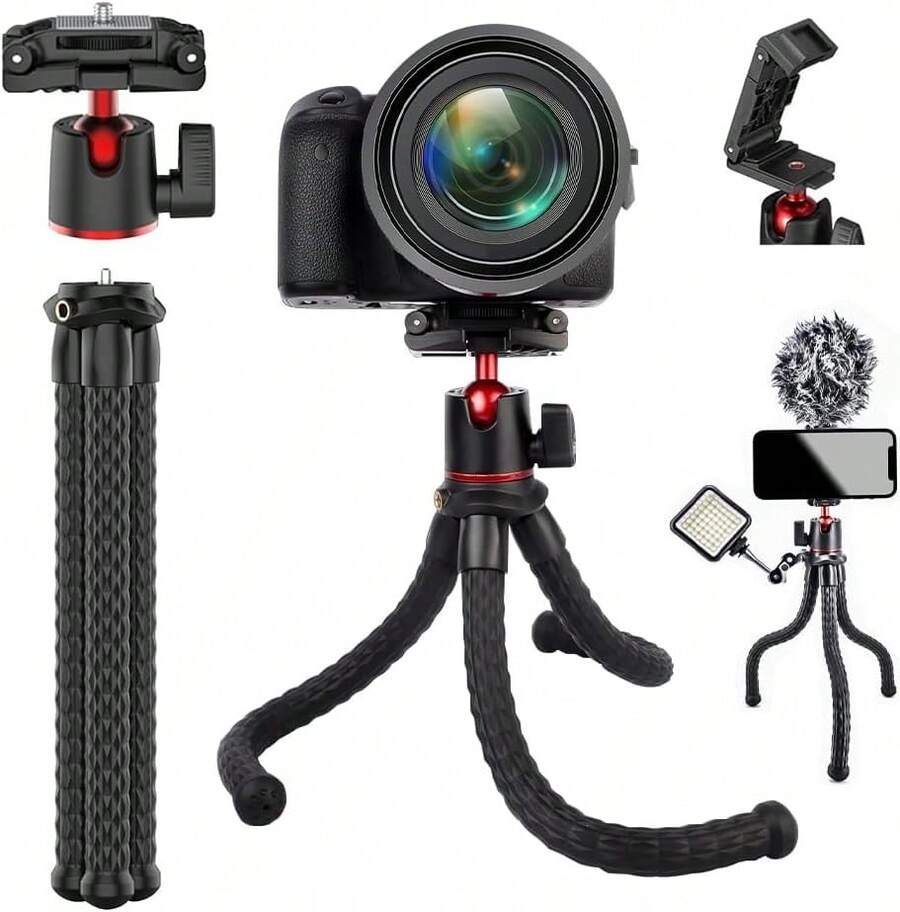 Trípo Cámara, Trípode Flexible con 2 En 1 Soporte Oculto para Teléfono, 360 ° de Cabeza de Bola, Tornillo de 1/4 Pulgada, 2 Zapatas Frías, Compatible con Cámara,,/Android - 1 - Ver 1