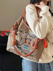 Women's Handbag, Large Capacity Waterproof Canvas Embroidered Tote Bag, Personalized Pattern Portable Shoulder Tote Bag - Khaki - View 5