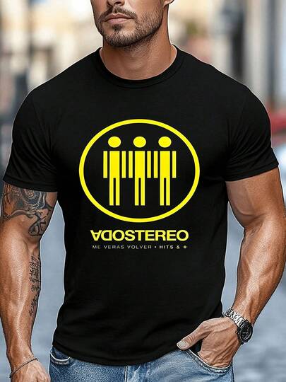 Símbolo circular con tres figuras humanas estilizadas que representan la unión y la energía de la música del grupo Soda Stereo evocando conexión y nostalgia entre generaciones camiseta de hombre talla grande 100% algodón cómoda y moderna para uso diario