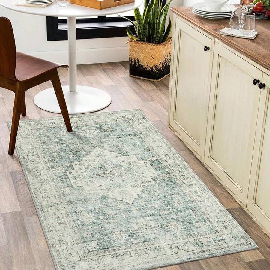 Washable Area Rug 5x7, Non-Slip Boho Neutral Carpet Living Room Bedroom Dining Room Office, Low-Pile Farmhouse Soft Carpet, Tan - Sage Green - View 1