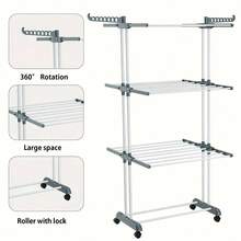 Space-Saving Solution For Small Apartments: Foldable Clothes Rack On Wheels With 3 Levels - With 6 Fixed & 2 Swivel Wings Made Of Stainless Steel - Flexible For Balcony, Bathroom, And Apartment - 灰色 - 查看 8