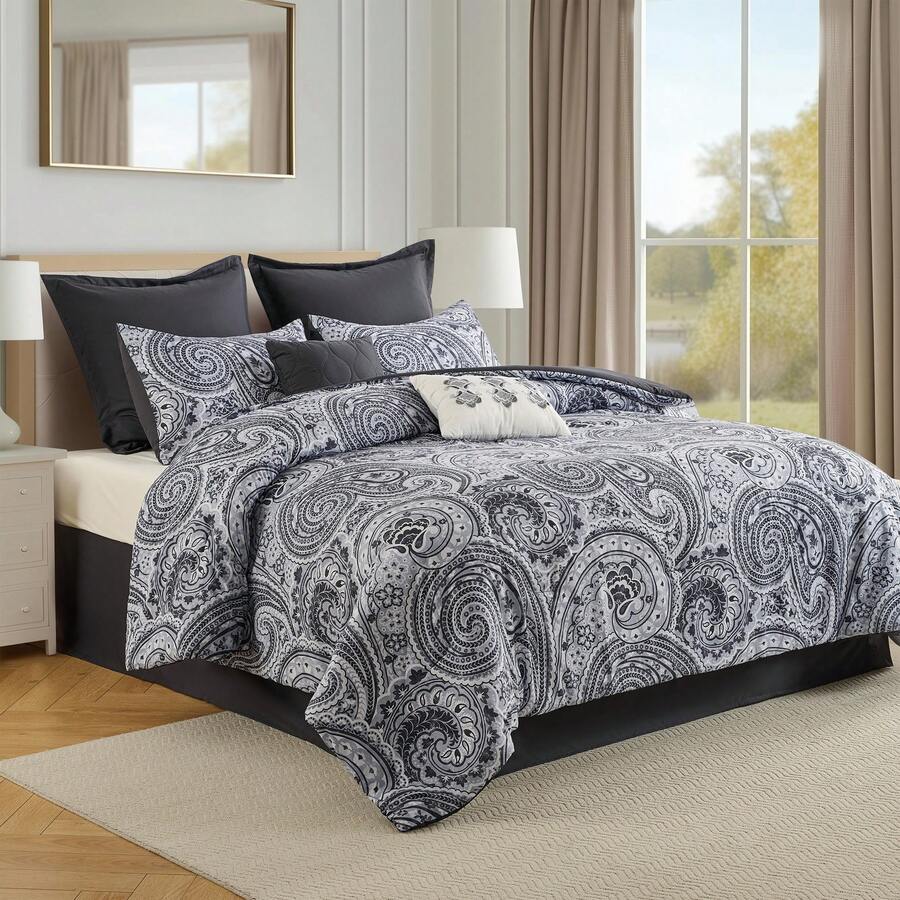 Elegant 8 Pieces Paisley Print Bed In A Bag Comforter Set, All Season Lightweight & Breathable Bedding Set, Cozy Home Textile Fits Lux Bedroom Decor, Halloween Christmas Thanks Giving Gifts - màu đen - Xem 1