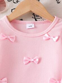 2pcs Baby Girl Fashionable Minimalist Bohemian Style Set: 3D Bow Decor Fringe Trim Crew Neck Long Sleeve T-Shirt Top And 3D Bow Decor Elastic Waist Denim Pants - Pink - View 5