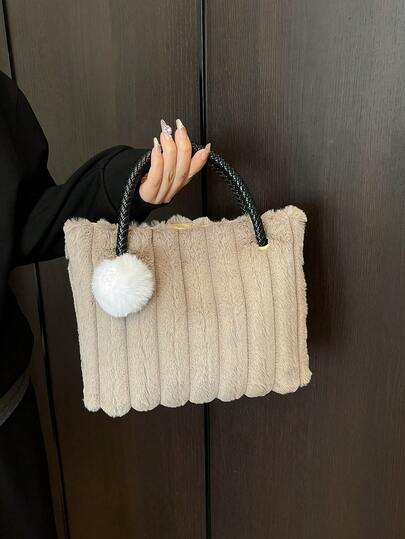 1 حقيبة يد كبيرة السعة ناعمة وفراء، حقيبة نسائية مزينة بكرات الفرو، مناسبة للاستخدام اليومي والعطلات والسفر والتسوق، هدية رائعة للأم، مناسبة للخريف/الشتاء