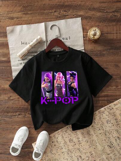 Camiseta de cuello redondo de manga corta con estampado gráfico informal para niñas preadolescentes, top de verano