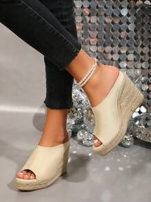 Pantuflas de mujer con cuña de cuerda de lino y punta abierta de peluche grande