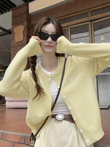 Autumn Loose Embroidered Round Neck Button Knit Cardigan Sweater - Yellow - View 1
