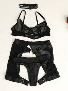 Bộ đồ lót gợi cảm 3 món dành cho nữ, bao gồm áo corset, dây nịt và áo ngực có gọng. - màu đen - Xem 2