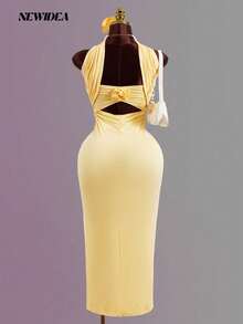 Đầm nữ màu vàng, dây mảnh, hở lưng, dài ngang gối, kiểu dáng gợi cảm và thanh lịch, thích hợp cho các bữa tiệc mùa xuân/hè, đám cưới, lễ hội âm nhạc và các dịp trang trọng. - Màu Mù tạt vàng - Xem 7
