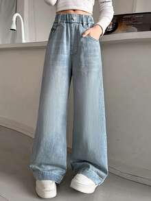 少女松紧腰宽松直筒休闲百搭蝴蝶刺绣牛仔裤 - 藍色 - 查看 5