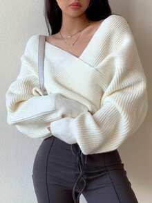 Suéter holgado de manga larga con escote cruzado y hombros caídos, de unicolor, para mujer, otoño/invierno, parte superior de manga larga - Blanco - Ver 1
