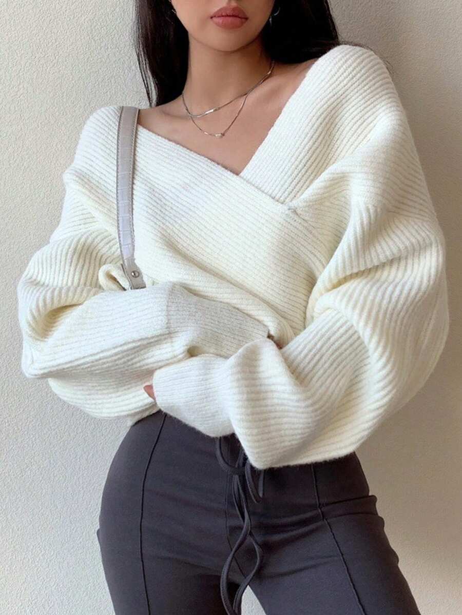 Suéter holgado de manga larga con escote cruzado y hombros caídos, de unicolor, para mujer, otoño/invierno, parte superior de manga larga - Blanco - Ver 1