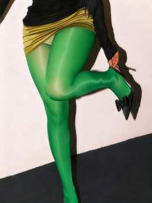 Women's Shiny Green Pantyhose, High Gloss Transparent Tights, Glossy Elastic Thigh-High Socks, Emerald Green Shaping Stockings, Comfortable - Multicolor - View 1