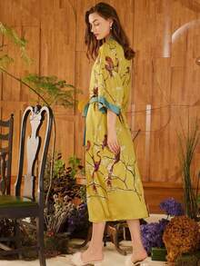 Retro Japanese Style Loose Mid-Length Elegant Fashion Printed Niche Design Kimono Cover Up, Casual Loungewear, Sexy Robe, Sleepwear, Summer Beach Cover-Up, Swimsuit Outer Layer, Lightweight Sunscreen Jacket - Yellow - View 4