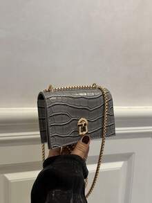 Bolso de hombro con cadena de espina de pescado con cierre minimalista - Gris - Ver 8