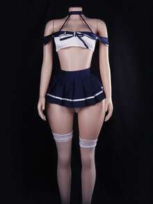 Japanese Style Sailor Lingerie - White Lace Stockings With Pleated Skirt Set, Classic Schoolgirl Roleplay Outfit - 藏蓝色 - 查看 2