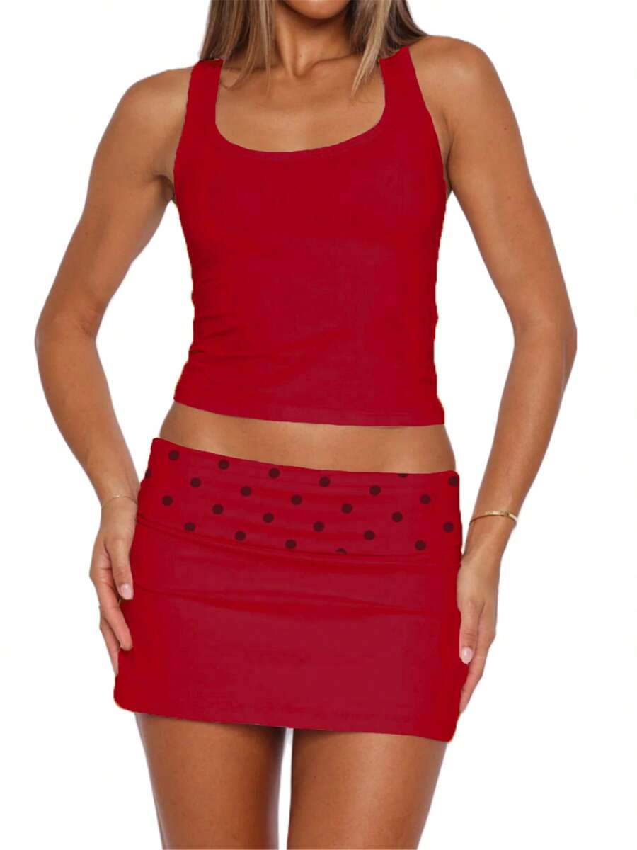 Women Fold Over Low Rise Bodycon Mini Skirt Y2k Polka Dots Print Slim Fitted Going Out Micro Skirts Stretchy Tube Pencil Mini Skirts Party Clubwear - 酒紅色 - 查看 1