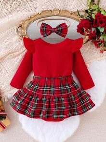 3pcs Baby Girl Red Cap Sleeve Bodysuit, Red Plaid Layered Ruffle Hem Skirt, Headband Set - Red - View 3