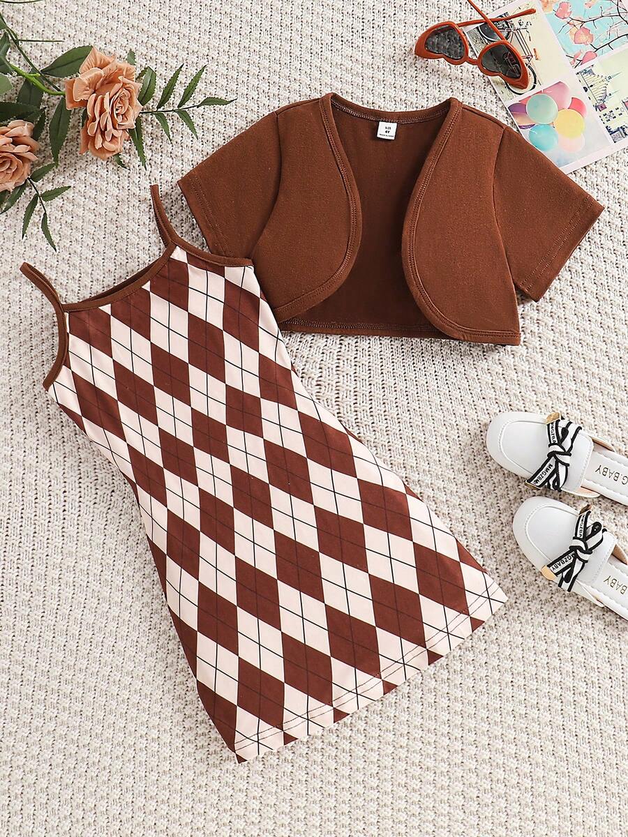 Cô gái trẻ Váy kẻ sọc thanh lịch và áo khoác ngắn phối hợp thời trang - màu nâu - Xem 1