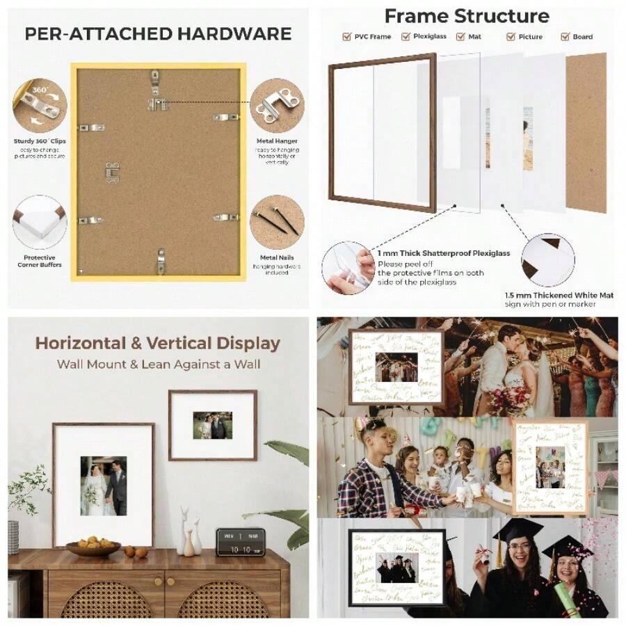 11x14 Signature Picture Frame With 5x7 White U2013 Wedding Guest Book, Wall Hanging Photo Frame Graduation, Celebration, Autograph Display And Home Decor, Black - 11x14-1件+胡桃木 - 查看 1