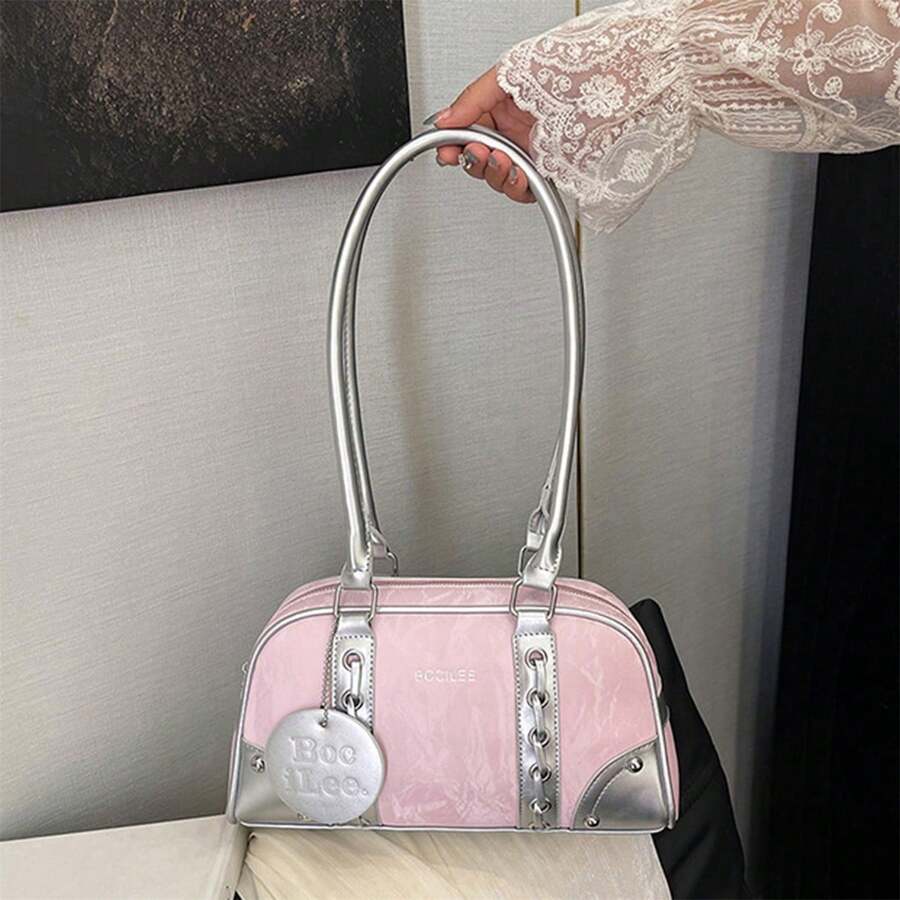 Bolso Boston versátil para mujer, estilo axila, con contraste de colores, informal, de gran capacidad, para el hombro, ideal para el día a día. - Rosa - Ver 1