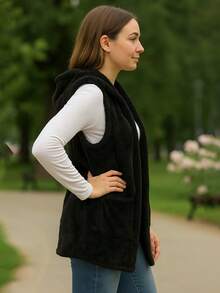 Chaleco largo con capucha y bolsillos para mujer,  cómodo y elegante. - Negro - Ver 2