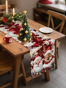 1件红色一品红和金色铃铛圣诞图案涤纶桌旗，节日圣诞风格，100%涤纶长方形桌旗，饰有生动的节日花卉和铃铛图案，抗皱易打理，适用于家庭餐桌装饰、圣诞派对桌面装饰、节日房间装饰 - 彩色 - 查看 22