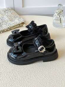 1 par de zapatos planos con diseño de moño y suela suave y brillante para niñas, zapatos de princesa para actuaciones, para primavera/otoño - Negro - Ver 3