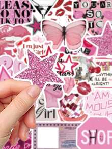 50Pcs Pink Y2K Girls Stickers Waterproof PVC Gift Cartoon Decoration Scrapbook Laptop Luggage Guitar Water Cup Phone Case DIY Decal, School Supplies,Back To School - 粉色 - 查看 5