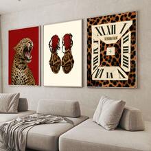 一套三幅无框红色豹纹高跟鞋猎豹墙面艺术海报帆布画，Y2K时尚学院风女孩房间美学装饰趣味画，适用于宿舍、客厅、卧室、现代家居装饰 - 紅色 - 查看 2