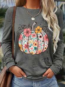 Thanksgiving Theme Flower Pumpkin Graphic Tees,Daily Fall Clothes For Women  Casual Comfortable Printed Long-Sleeved T-Shirts, Fall Outfits Going Out Tops Women Halloween Clothes,And Versatile For Home Or Outdoor