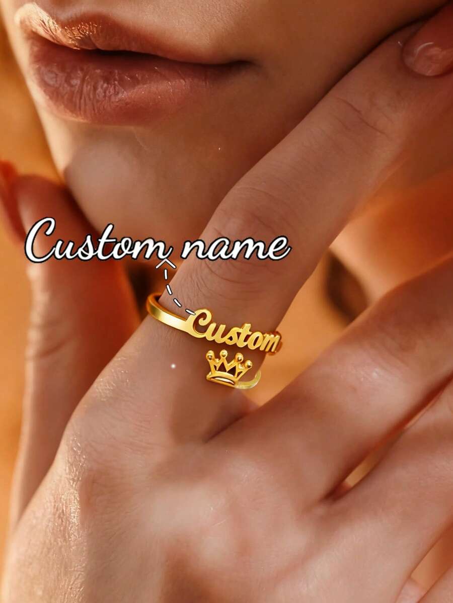Anillo con nombre personalizado, joyería personalizada, anillo ajustable de acero inoxidable dorado/plateado, regalo de pareja - Anillo de oro 3 - Ver 1
