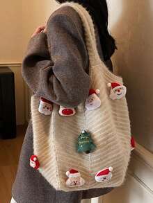 Świąteczna dzianinowa torba na ramię – beżowa, puchata torba z ozdobami Świętego Mikołaja i renifera, duża, swobodna torebka świąteczna dla kobiet - Biały - Zobacz 3