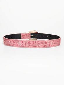 1pc Vintage Pink Faux Leather Belt With Gold Metal Ox Head Floral Engraved Buckle - Baby Pink - View 4