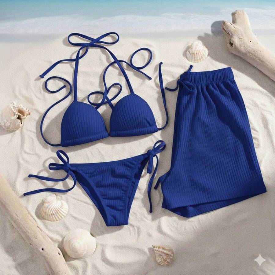 3-Piece Ribbed Beachwear Set: Complete Bikini (Top/Bottom) + Loose Shorts | Beach Cover-Up - 藏蓝色 - 查看 1
