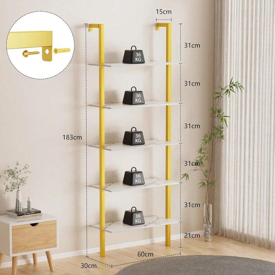 Cuezal Estantería de 5 Niveles con Estante Abierto para Almacenamiento, Librero Organizador Minimalista de Madera, Librero Blanco de 5 Niveles, Estantes de Cocina Dormitorio, Sala (ármol Blanco) - 1 - Ver 1