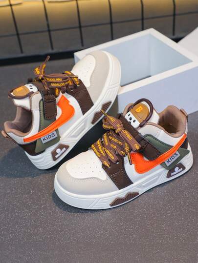 1 Pair Casual & Fashionable Children's Skateboard Shoes, PU Leather Hook And Loop Patchwork Upper, Soft, Comfortable, Lightweight, Suitable For Indoor, Outdoor, Play, Festivals, Hook And Loop Closure