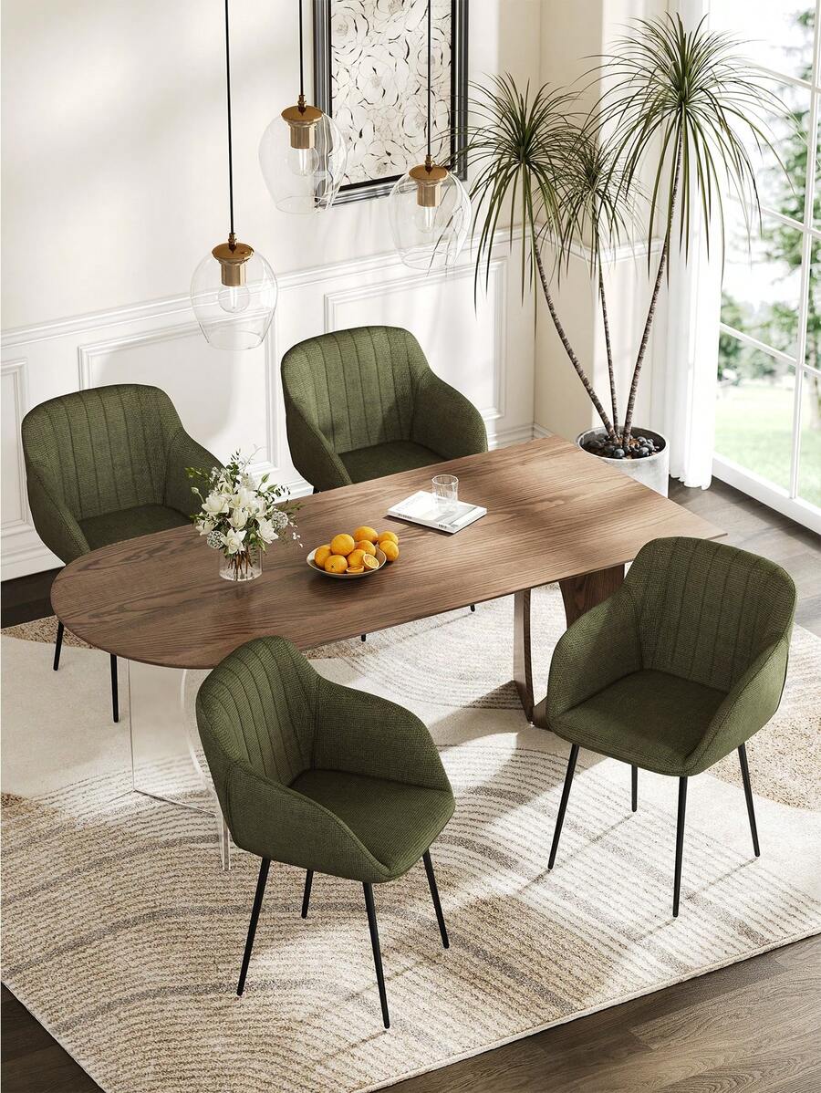 Goeurvant Contemporary Vertical-Stripe Upholstered Dining Chairs With Armrests & Metal Legs For Dining Room, Kitchen, Living Room - Set Of 2 / Set Of 4 / Set Of 6 - Grass Green - 墨綠色 - 查看 1