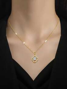 1 Set Stainless Steel Full Diamond Four-Leaf Flower Necklace & Earrings Set, Luxury Micro-Inlaid Personalized Banquet Jewelry Set - Gold - View 2