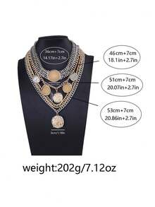 1pc Exaggerated Geometric Coin Badge Pendant Multi-Layer Necklace, Luxurious Retro Design Fashion Accessory - Badge Layered Necklace - View 9