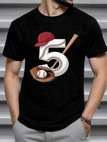 The Graphic Shows The Number 5 Created With Baseball Stitching, Accompanied By A Bat, A Glove, And A Red Cap, Symbolizing Passion For The Game And Sportsmanship. Men's T-Shirt, 100% Cotton, Comfortable For Everyday Wear And Casual Activities. - 黑色 - 查看 1