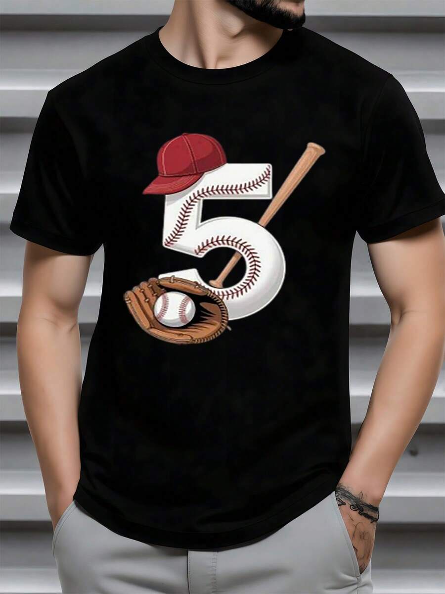 The Graphic Shows The Number 5 Created With Baseball Stitching, Accompanied By A Bat, A Glove, And A Red Cap, Symbolizing Passion For The Game And Sportsmanship. Men's T-Shirt, 100% Cotton, Comfortable For Everyday Wear And Casual Activities. - 黑色 - 查看 1