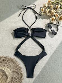 1 件纯色性感可爱优雅波西米亚休闲针织镂空交叉系带连体泳衣，海滩度假，春夏和秋冬 - 黑色 - 查看 4