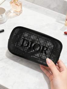 Christian Dior Black Portable High-End Textured Plaid Mesh Cosmetic Bag, Minimalist Toiletry Pouch - Black - View 3