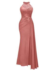 MIUSOL Elegant Women's Halter Neck Sequin Floral Lace Contrast Satin Draped Side Split Thigh Evening Party Maxi Dress, For Wedding Guest, Graduation, Prom - 藕粉色 - 查看 7