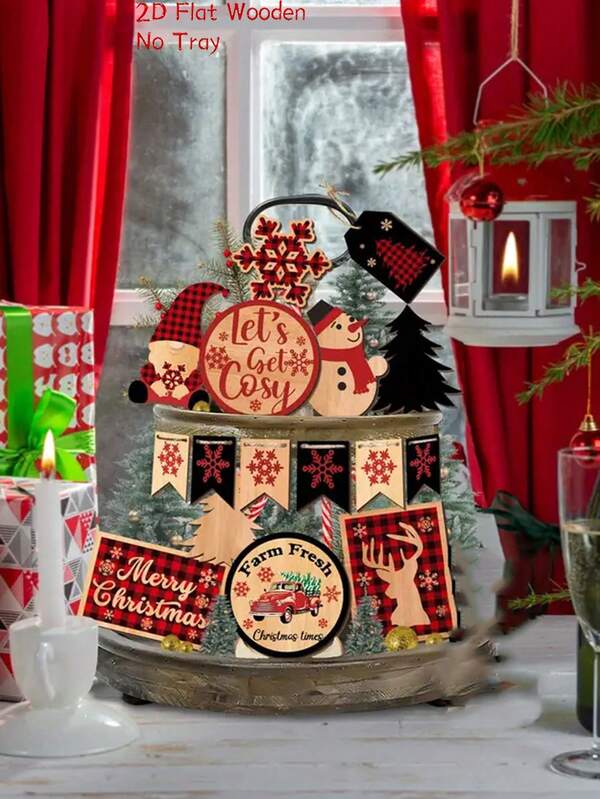 16pcs Christmas Red Wood Plaid Snowman Wooden Tray Decoration,Christmas Gnome Snowflake Banner & "Merry Christmas" Design, Christmas Gift - Christmas, Home, Atmosphere, Desktop Centerpiece Decoration(No Tray)