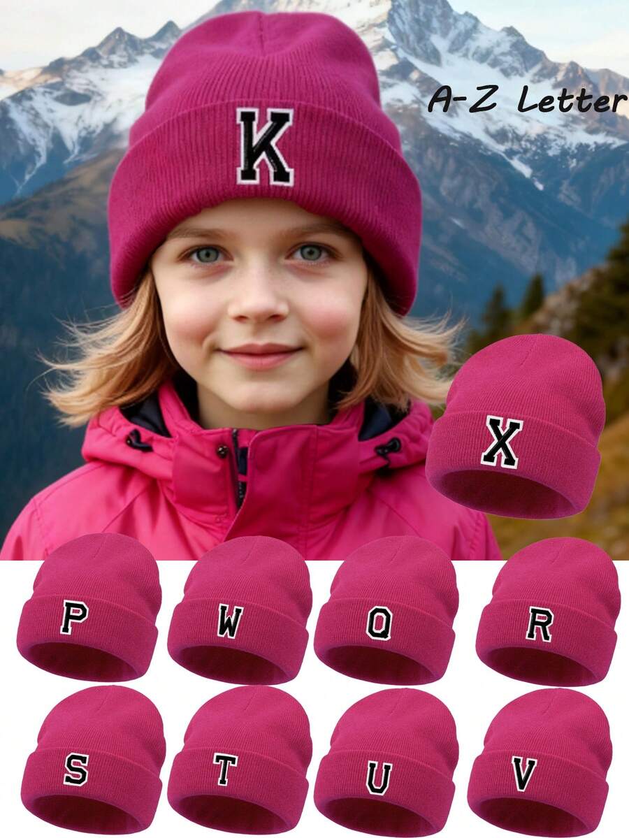 1 Buah Topi Rajut Anak dengan Pola 26 Huruf, Topi Rajut Warna Polos, Topi Anak Perempuan, Topi Hangat untuk Aktivitas Luar Ruangan, Musim Gugur/Dingin - Hot Pink - View 1