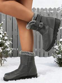 FZY Women's Thick-Soled, Warm Hiking Boots. Flat Boots With A Fleece Lining, Comfortable Ankle Boots Reaching Mid-Calf, Suitable For Winter Wear, Essential Shoes For Women's Winter Outfits, And A Top Choice For Valentine's Day Gifts-Women's Warm And Protective Hiking Boots - 灰色 - 查看 2